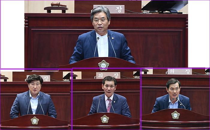 오세찬 부의장위 김정수 운영위원장아래 왼쪽 이태인 행정기획위원장아래 가운데 남궁역 복지건설위원장아래 오른쪽