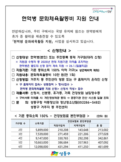 현역병 문화체육활동비 지원 안내문